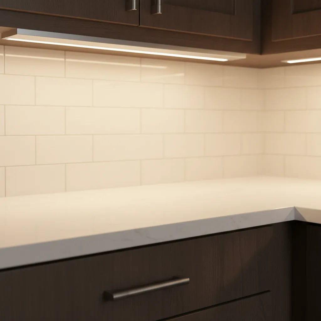 close up of LED strip installed in aluminum channel under kitchen cabinet