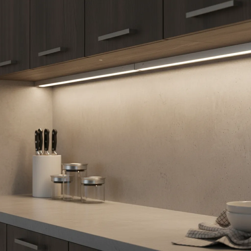 LED strip lighting installed in aluminum channel with diffuser under cabinet