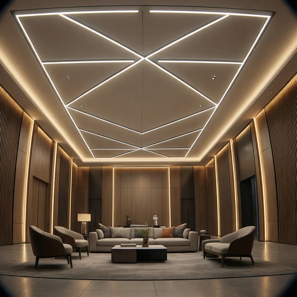 LED strip layout pattern on a flat ceiling in a modern hall