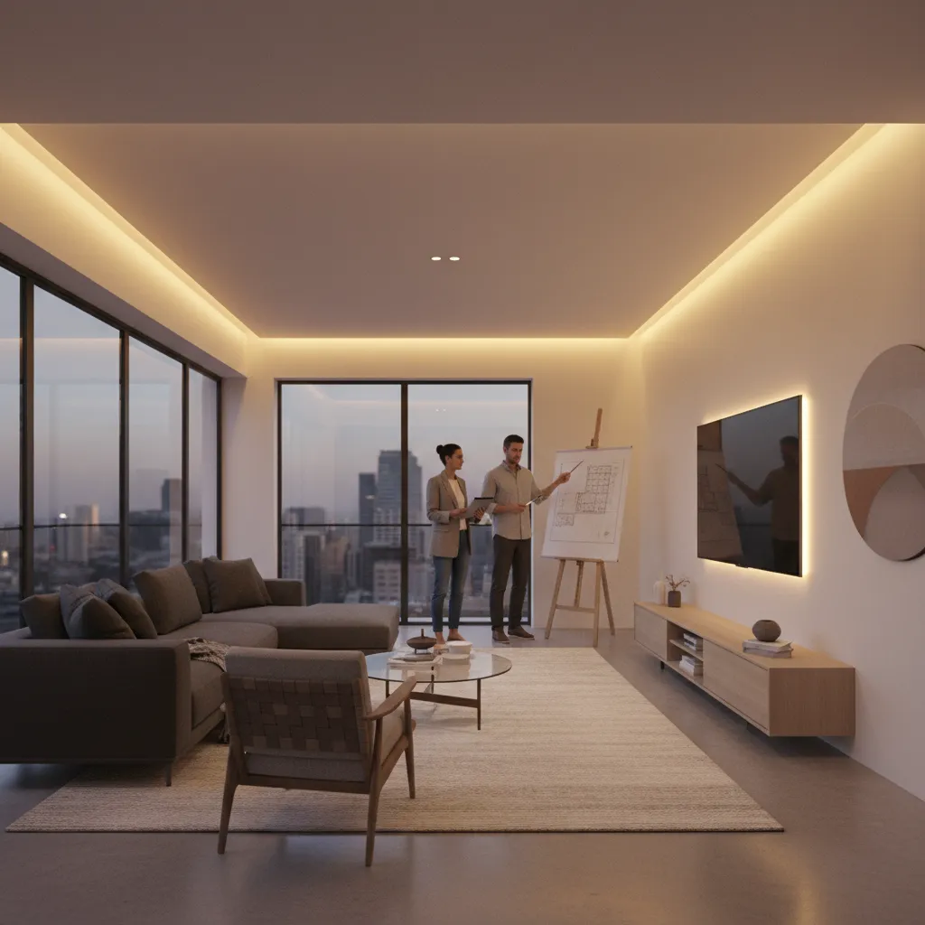 planning LED strip lighting layout in a modern room before installation