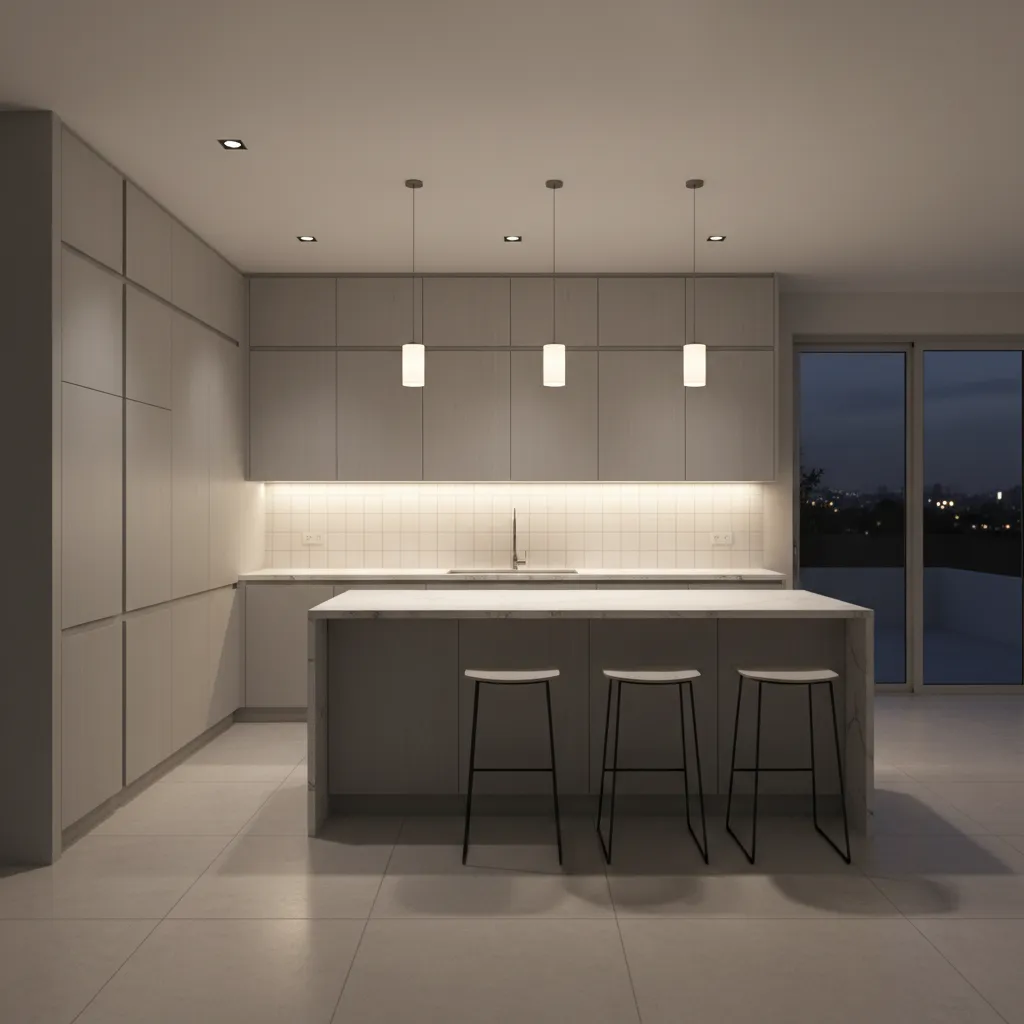 LED strip lights installed under kitchen cabinets glowing warm white