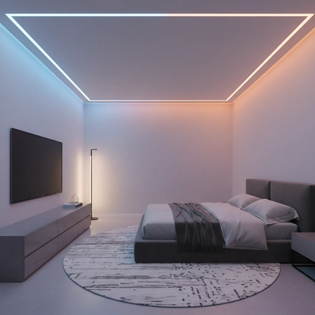 Bedroom with colorful LED strip lights installed along ceiling edges