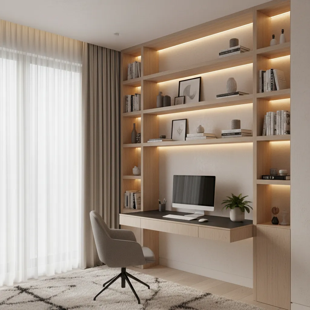Study desk with LED strip lighting behind shelves