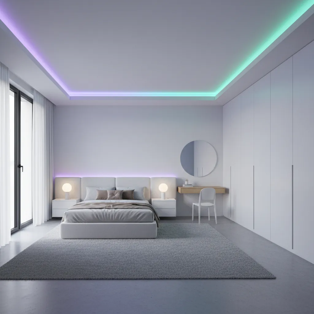 LED strip lighting installed along ceiling edge in kids bedroom