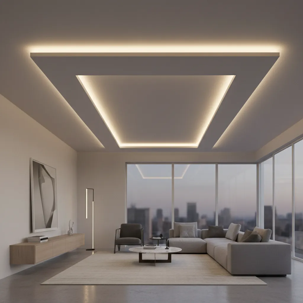 Continuous LED strip lighting along L shaped ceiling edge