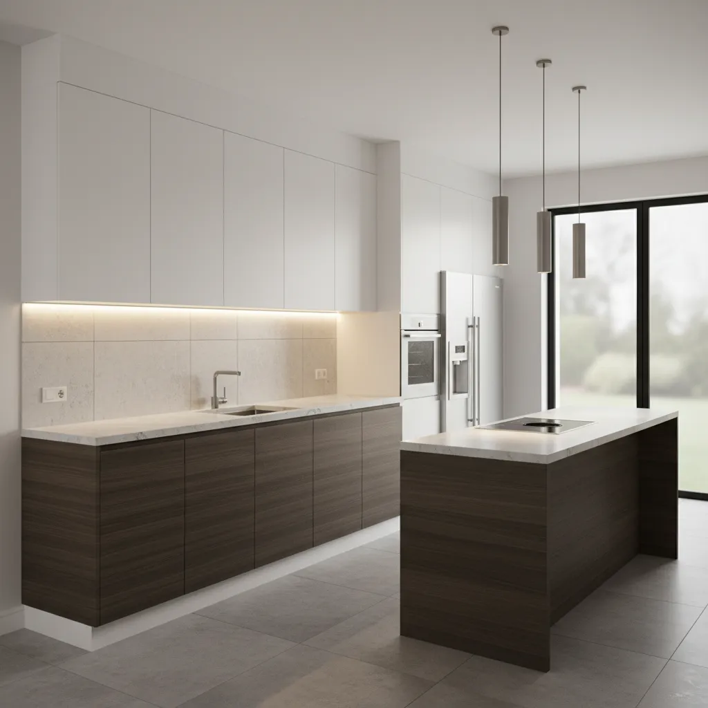 Under cabinet LED strip lighting illuminating modern kitchen countertop
