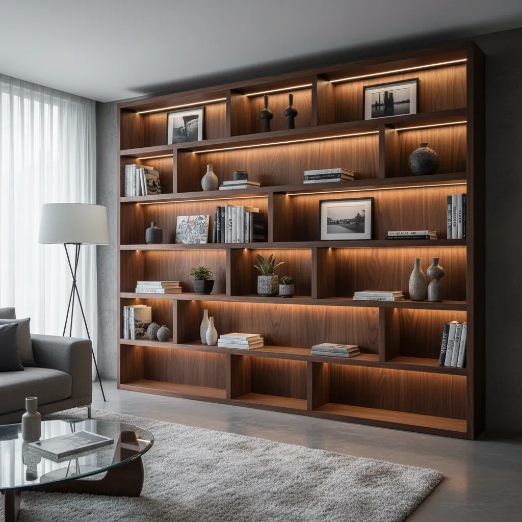 Large wooden bookshelf with light strips showing books and vases in a modern living room