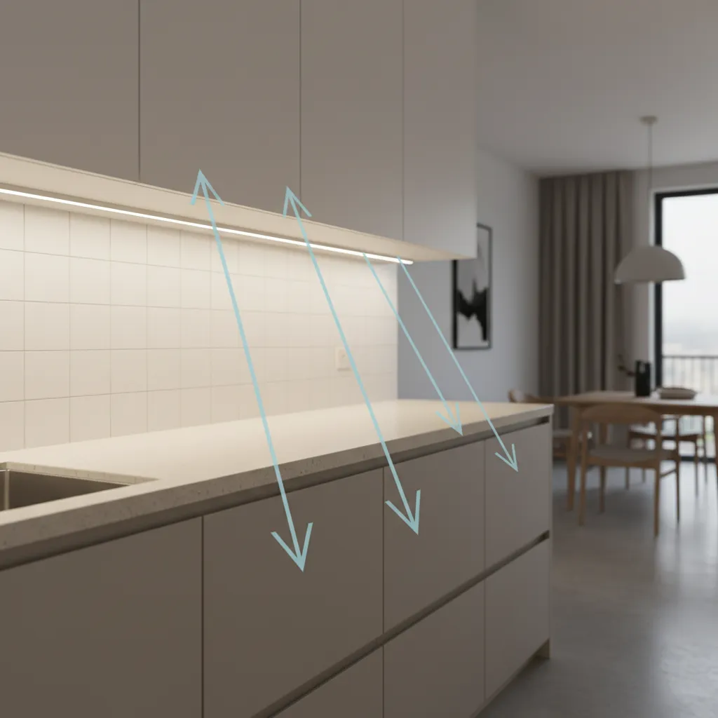 Diagram showing correct placement of LED strip lights under kitchen cabinets