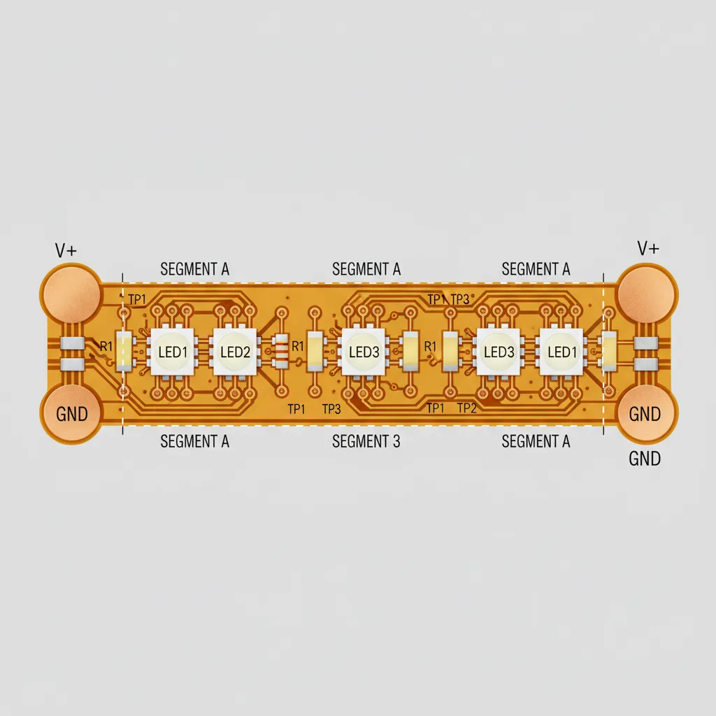 Technical drawing showing the segments and internal wiring of an orange light strip with labels