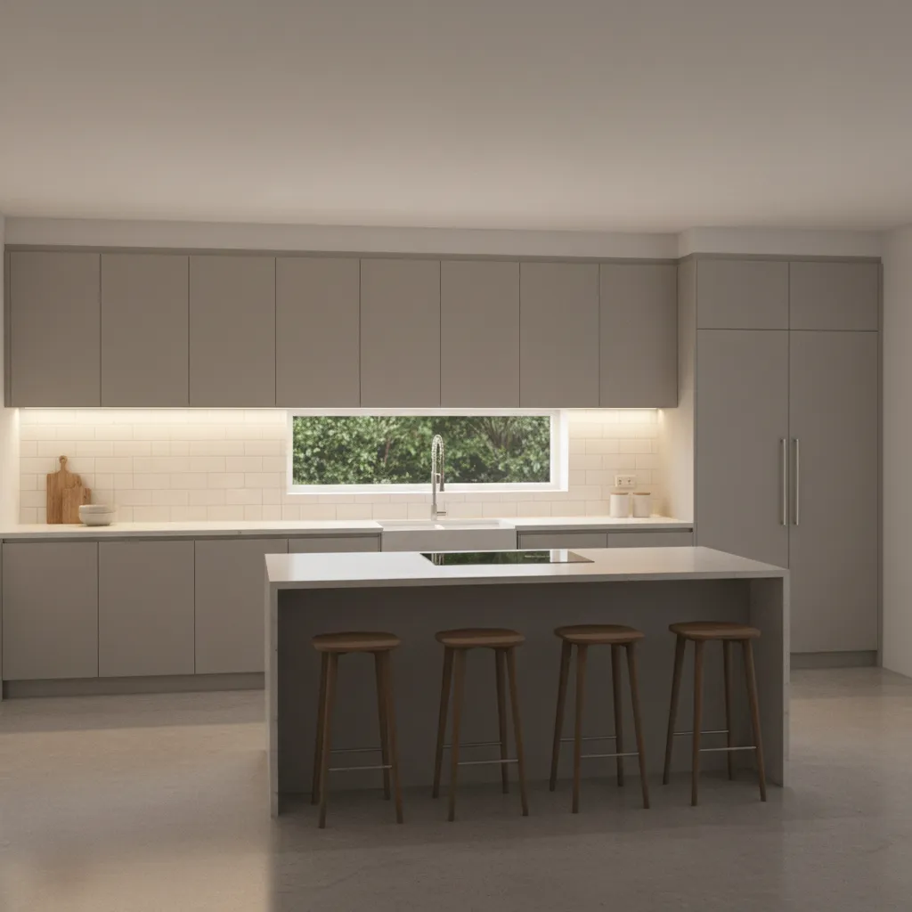 modern kitchen with continuous LED strip lighting under cabinets