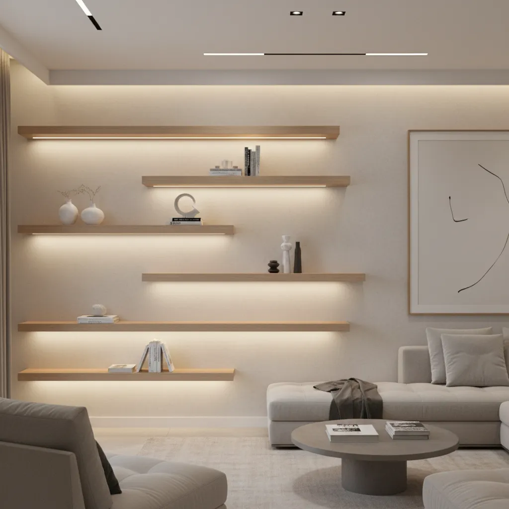 LED strip lighting installed behind shelves on wall