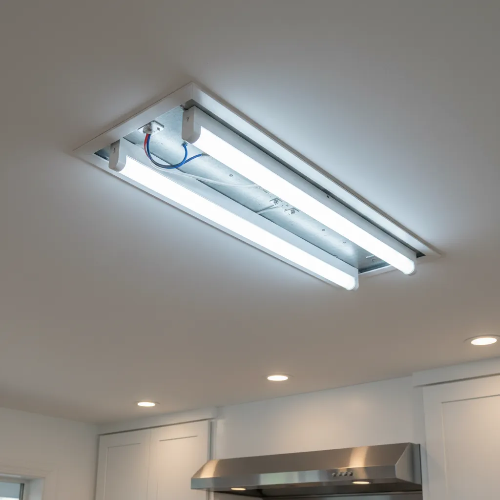 LED tube retrofit installed inside a fluorescent fixture housing
