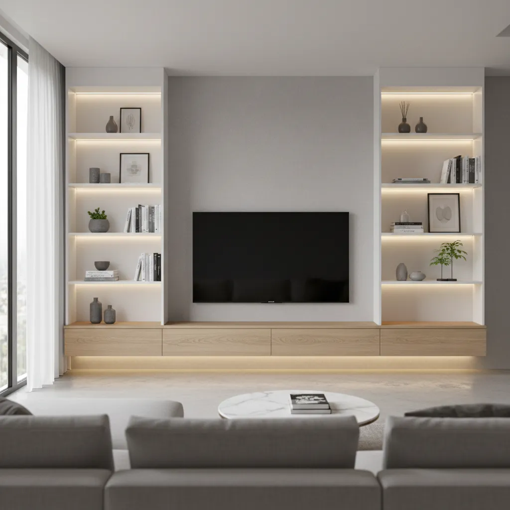 LED TV cabinet layout with floating storage and shelves