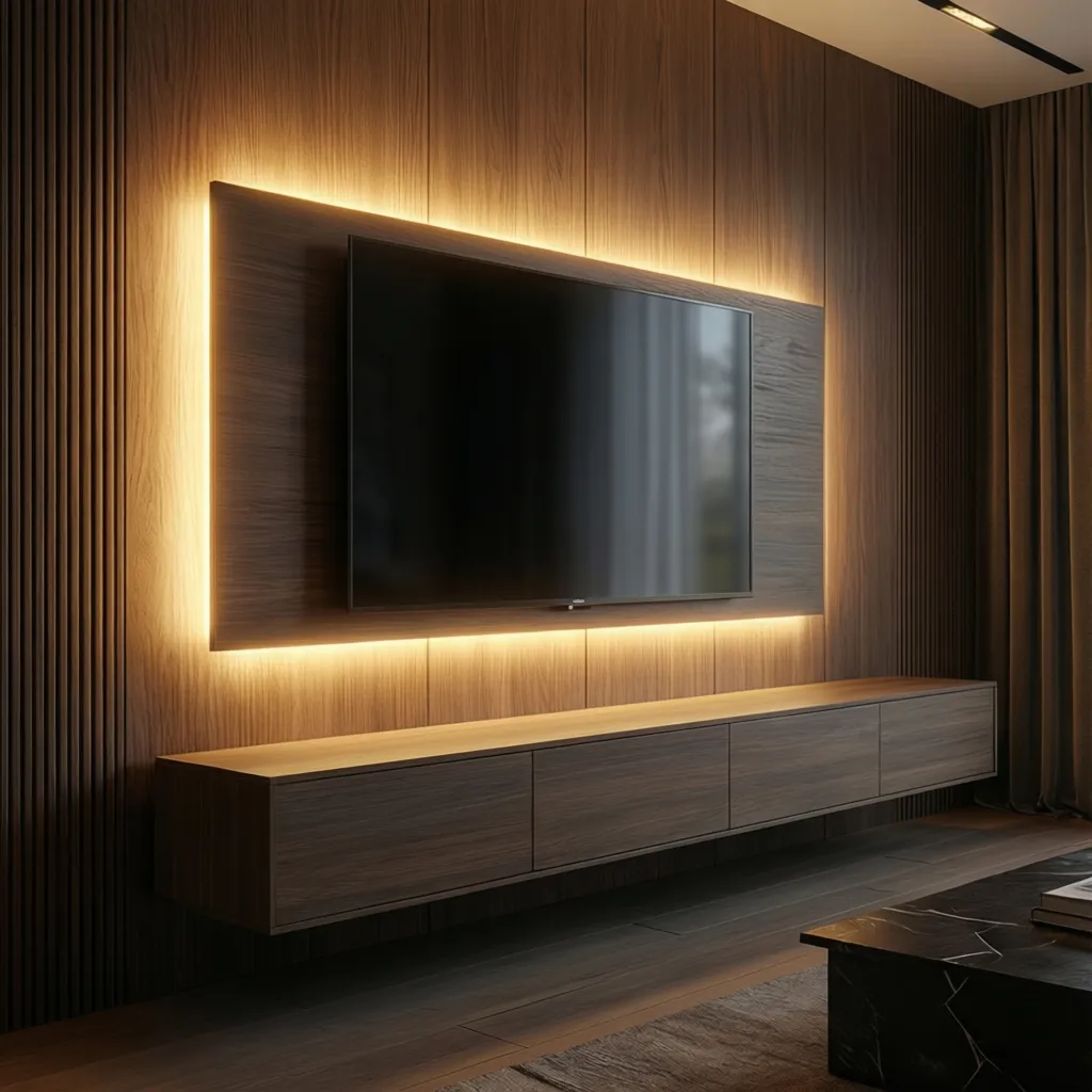 Close view of LED lighting behind TV panel and cabinet