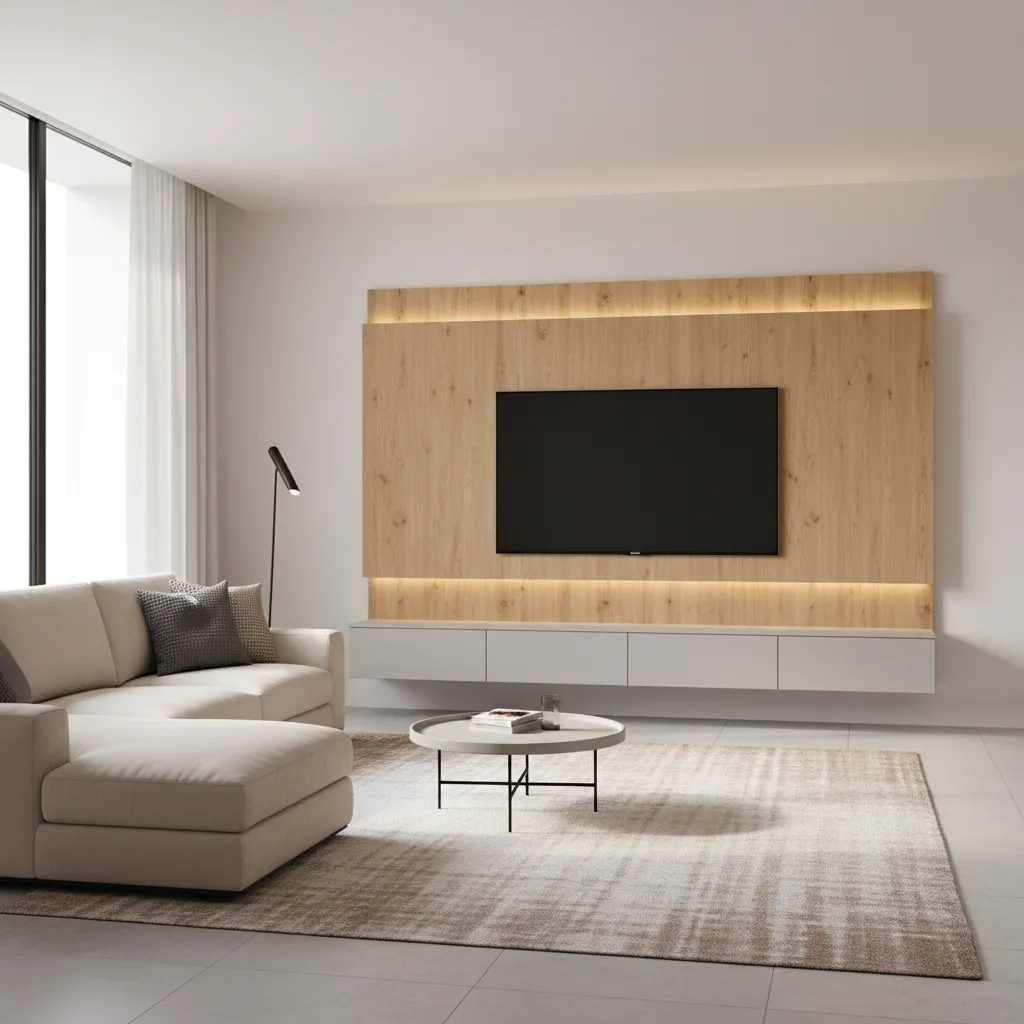 Modern living room with beige sofa round coffee table and wood wall panel with light