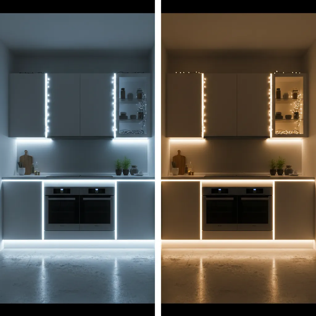 Comparison of LED string lights and fairy lights brightness in a kitchen