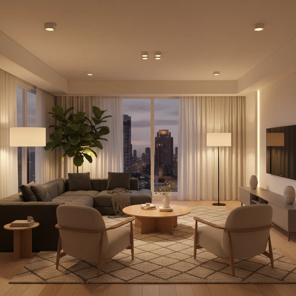 Comparison of warm LED lighting illuminating a living room efficiently