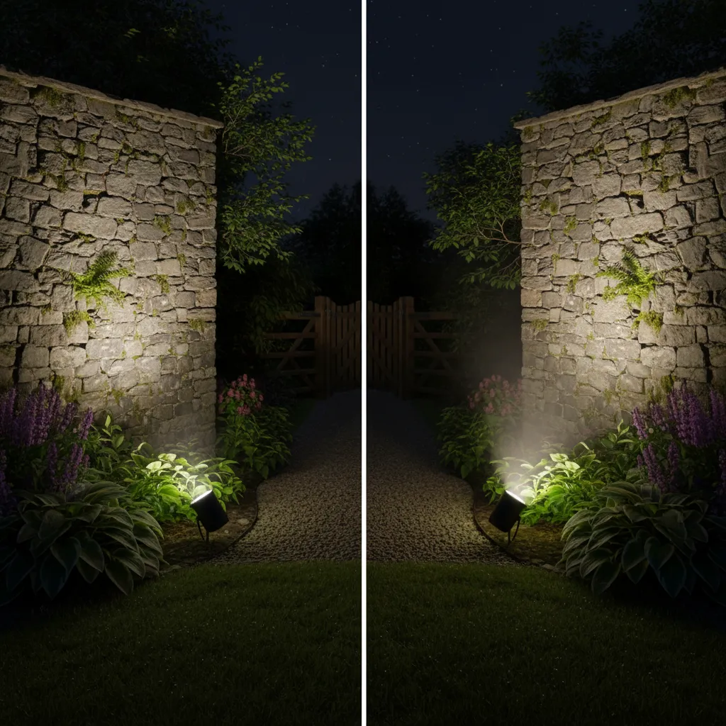 Visual comparison of LED and halogen landscape light brightness on a garden wall