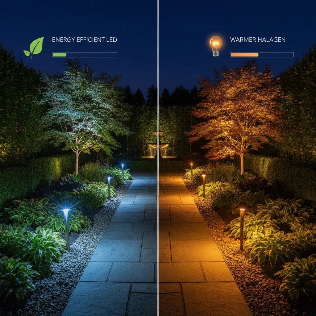 Comparison of LED and halogen landscape lighting brightness in a garden