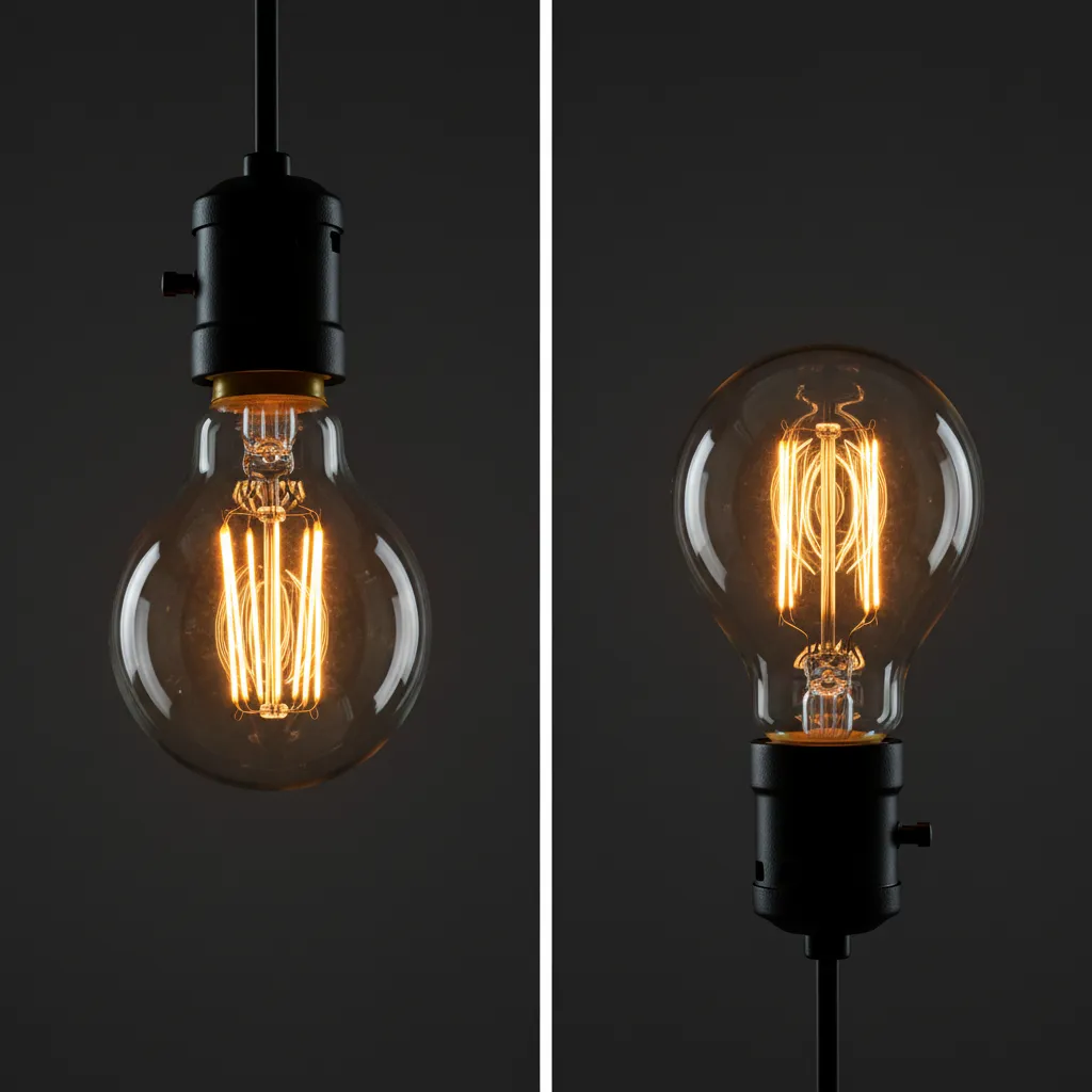 Side by side comparison of LED filament and incandescent bistro light bulbs