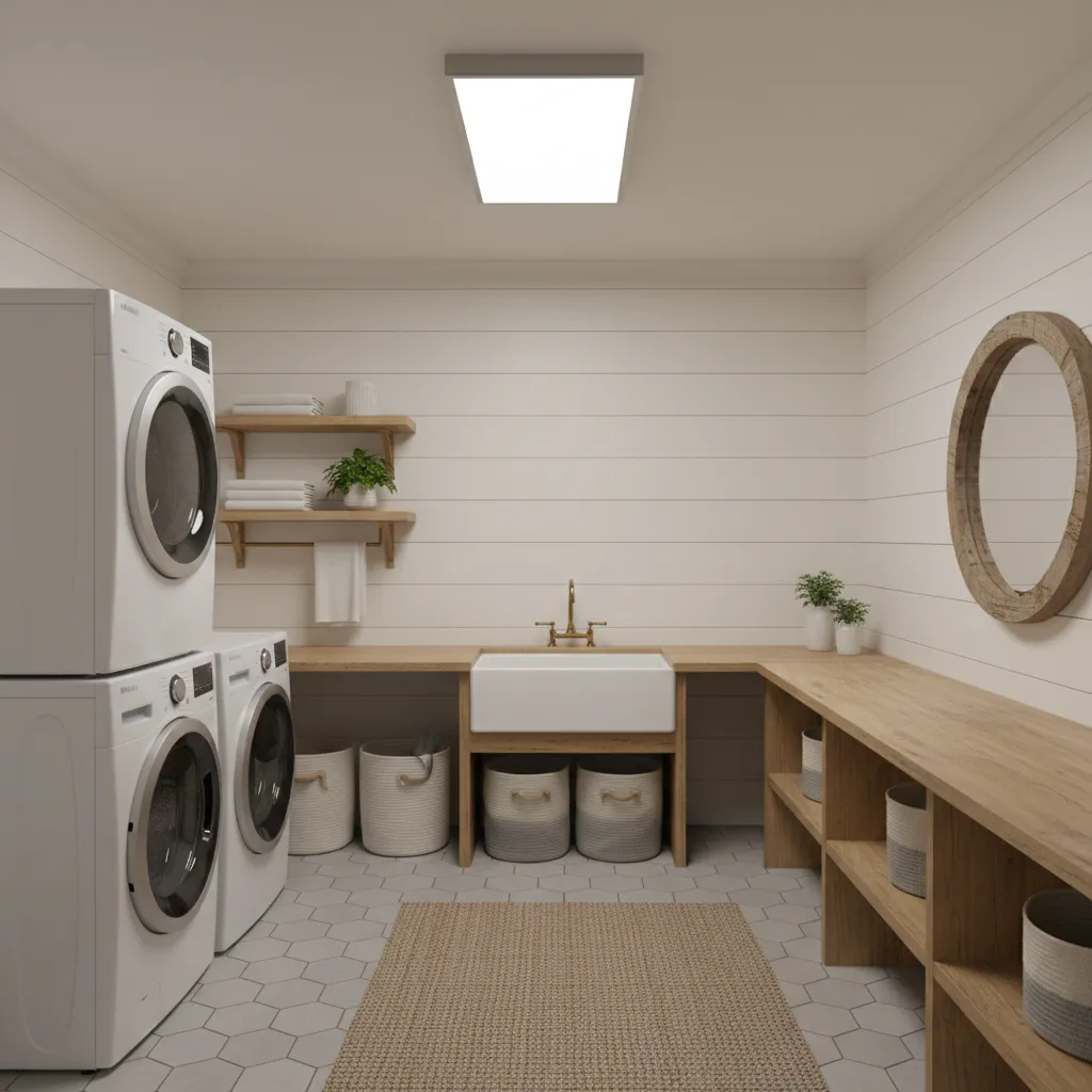 laundry room lit with bright LED ceiling light showing clear visibility