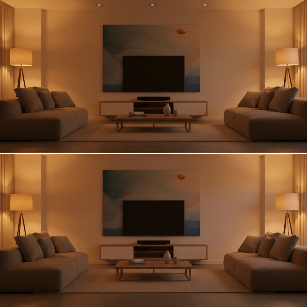 comparison of warm dim LED lighting and incandescent lighting in interior space