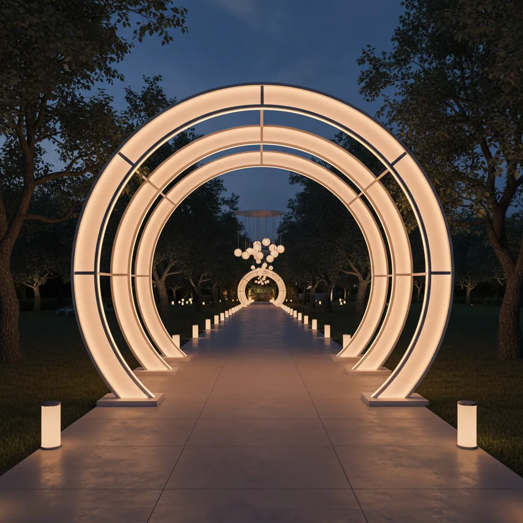 LED illuminated wedding entrance gate at night