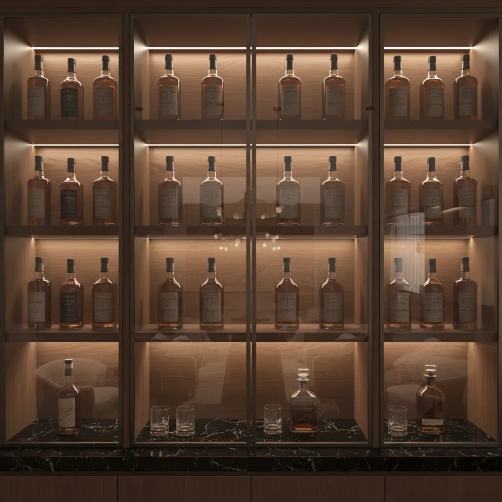 Modern whiskey shelf display illuminated by warm LED strip lighting