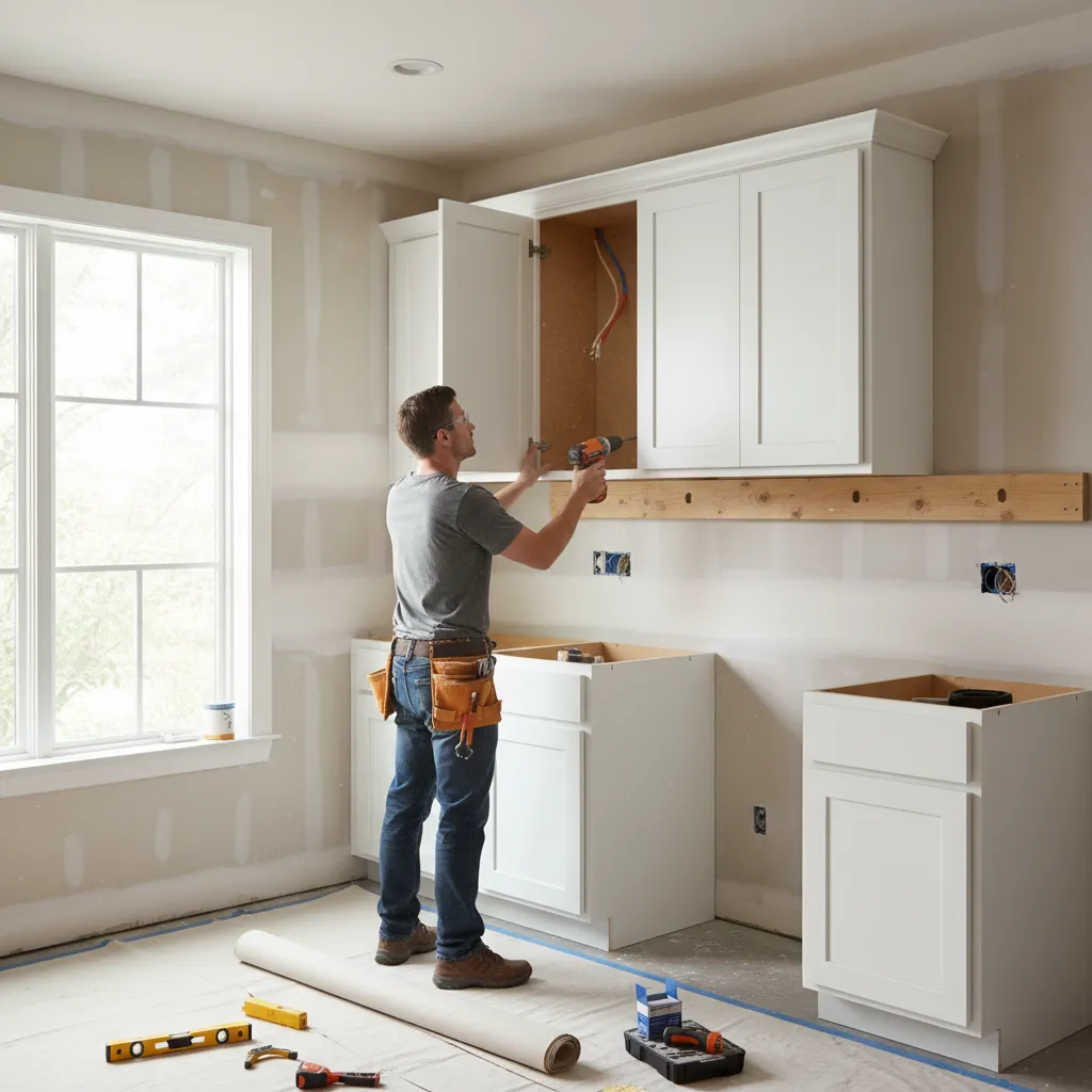 Temporary ledger board supporting kitchen cabinets during installation