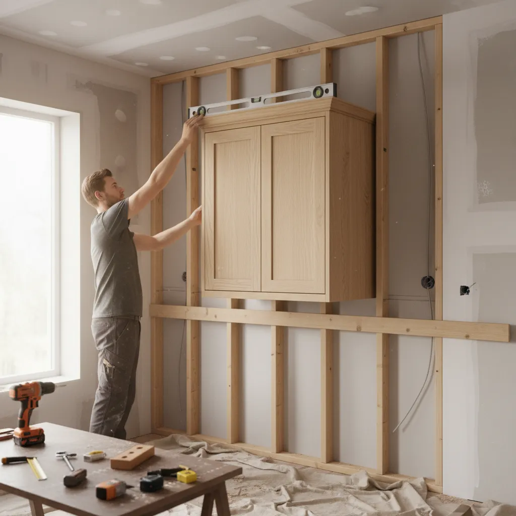 temporary ledger board supporting kitchen cabinet during wall installation