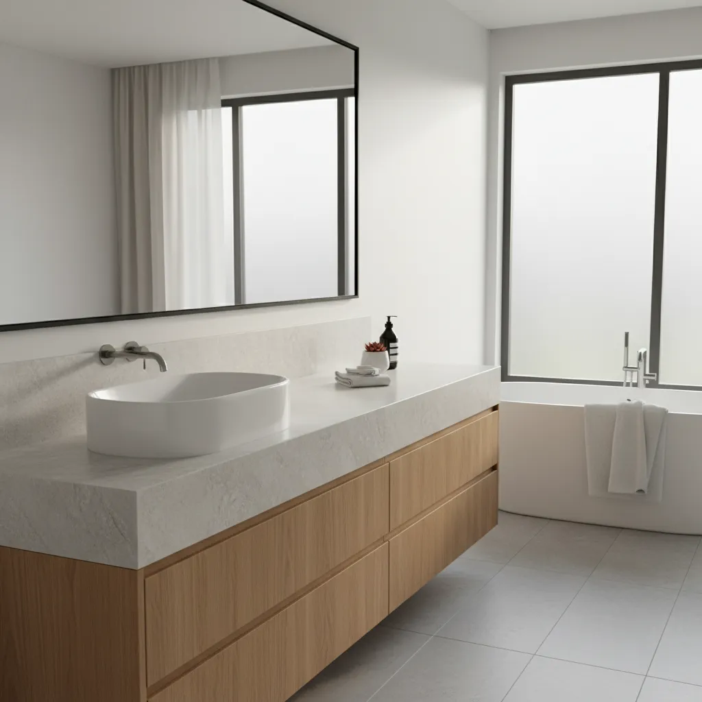 Left offset bathroom vanity with sink on left and counter space on right