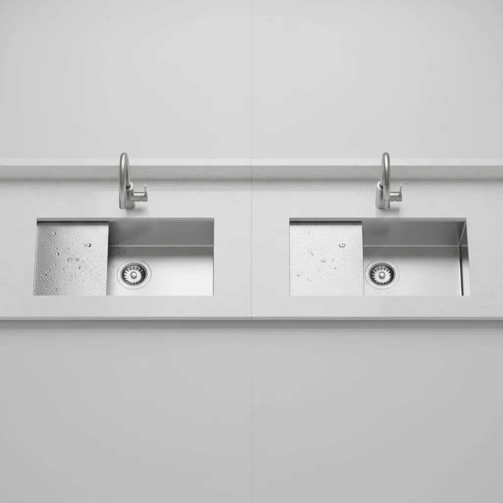 Kitchen sink layouts showing left drainboard and right drainboard configurations