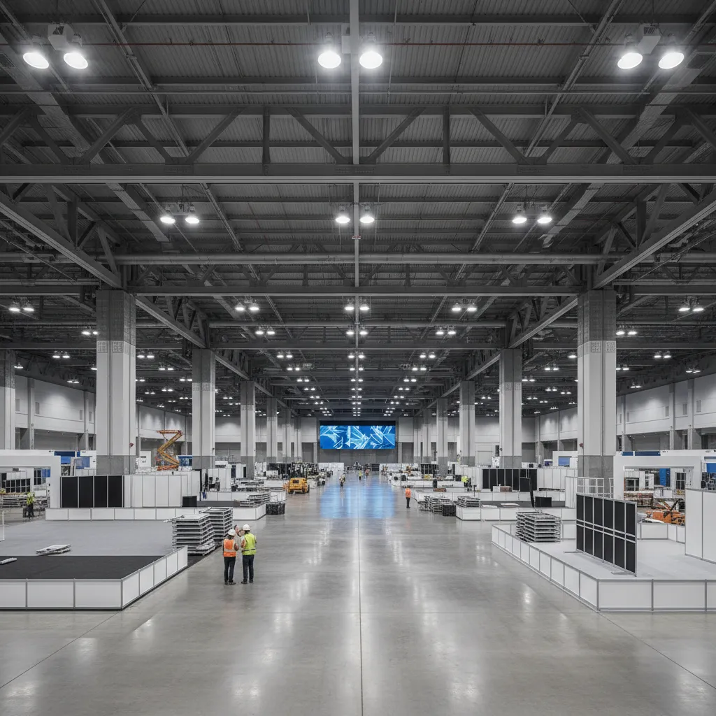 Large legacy convention hall with open exhibition floor and high ceiling