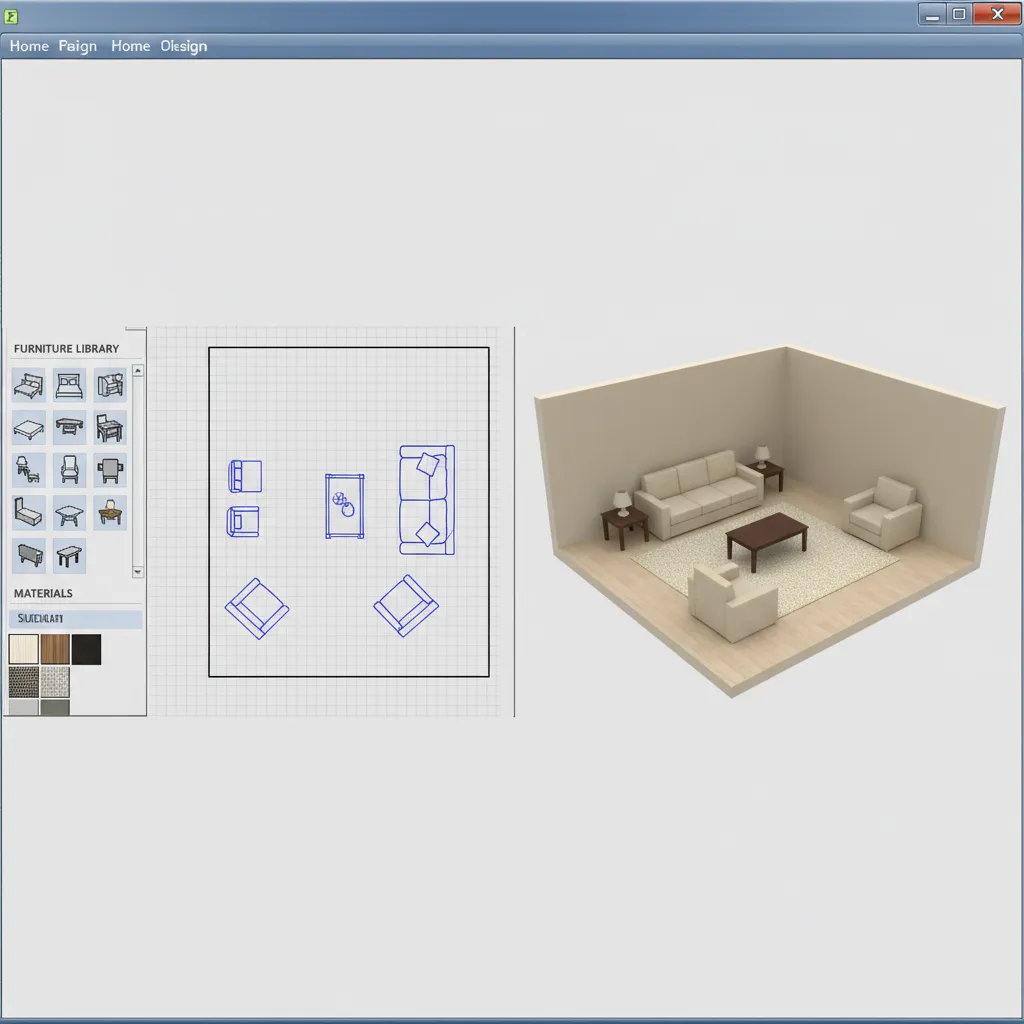 classic home design software interface with 3D room preview and furniture library