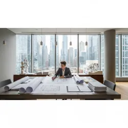 Interior designer working on large paper floor plans at a desk with city skyline view