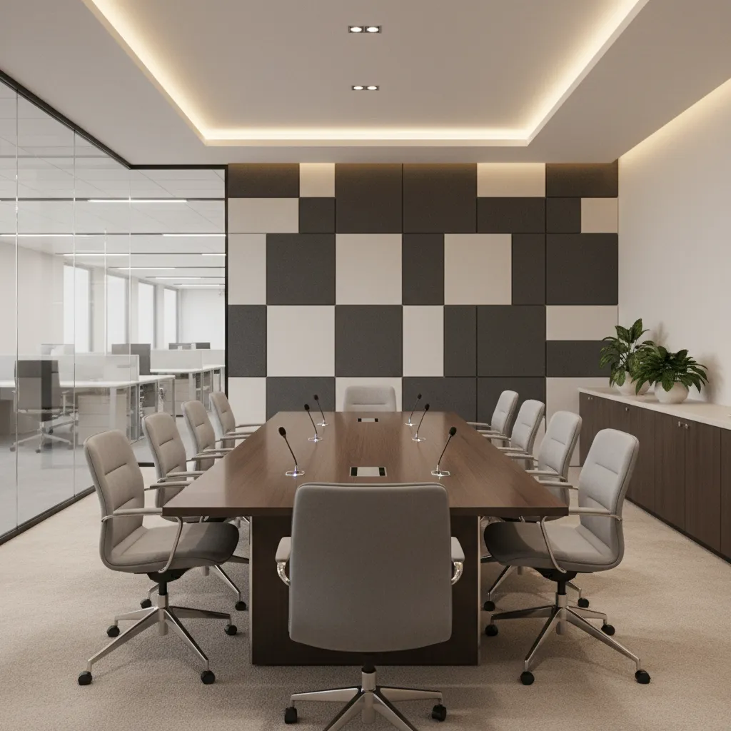 Professional consulting meeting room with tabletop microphones and acoustic panels