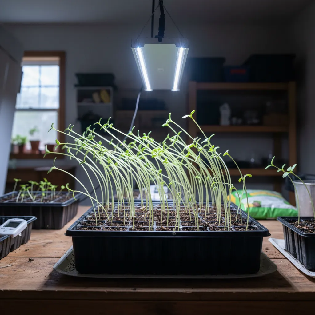 Tall thin seedlings stretching toward distant grow light