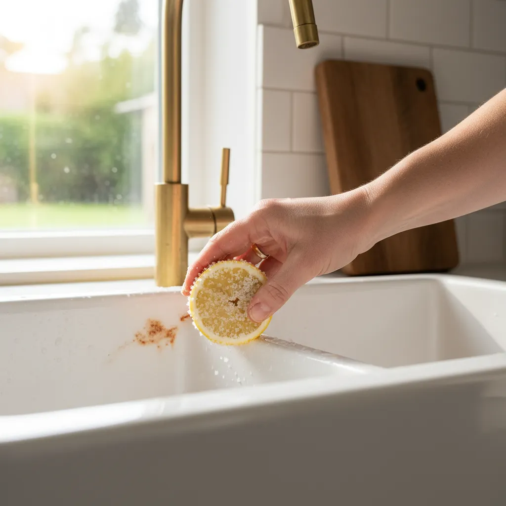 Lemon and salt used to remove rust stain from sink surface