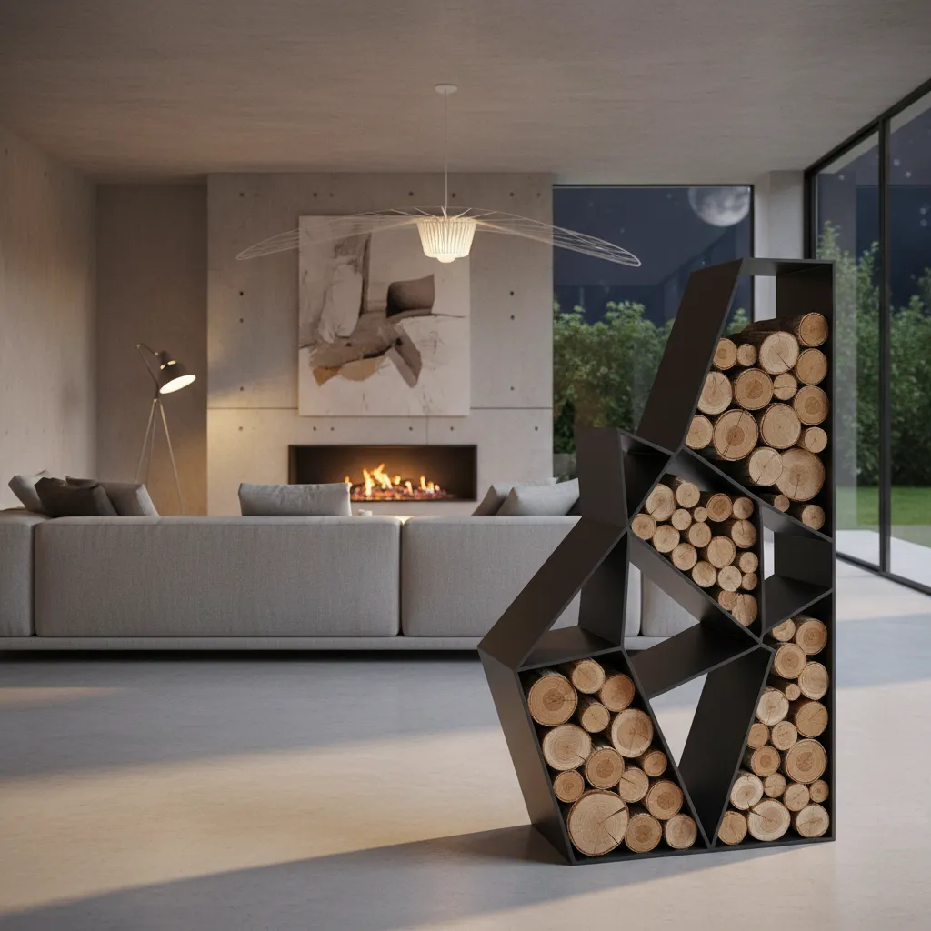 Leñero geométrico decorativo con diseño moderno y troncos visibles