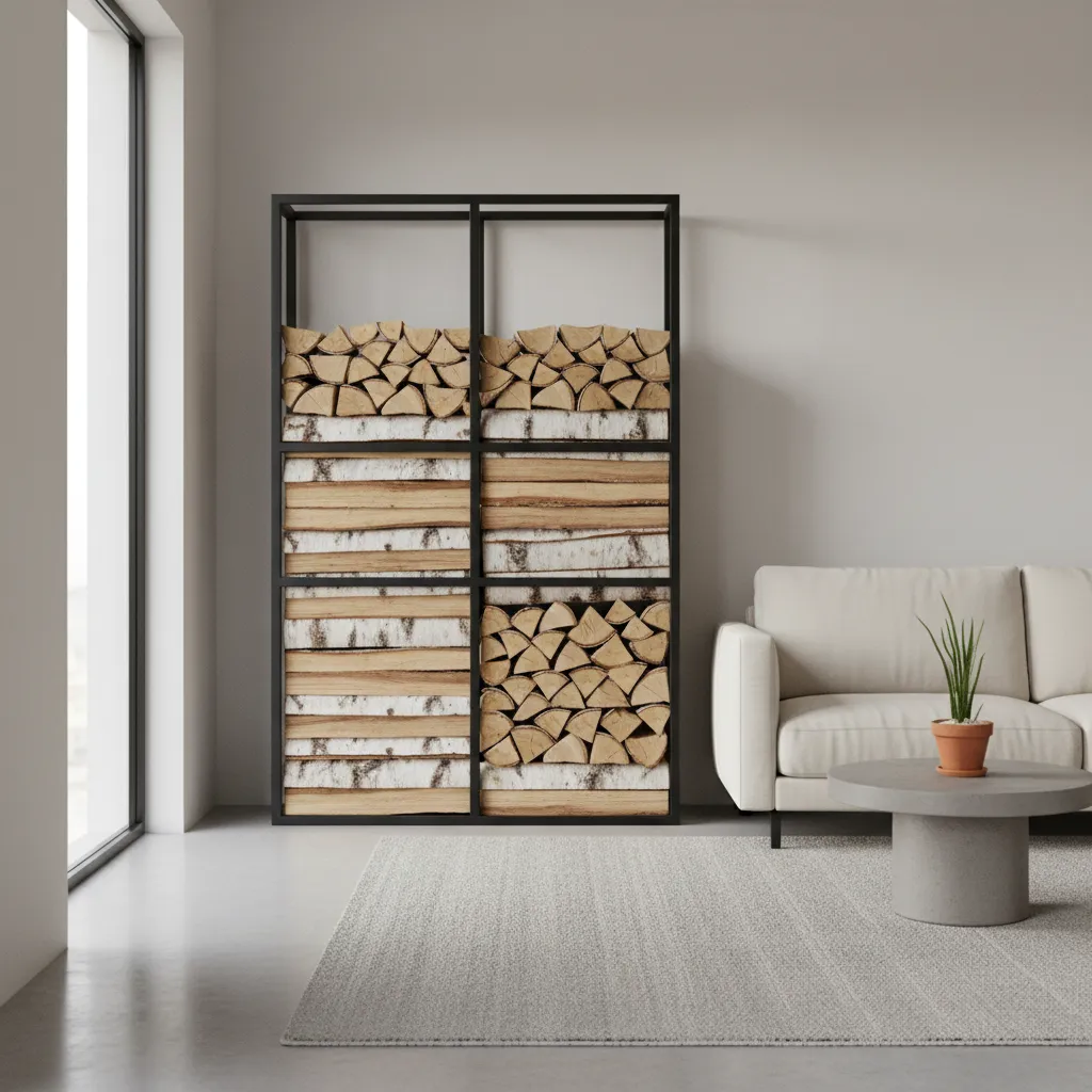 Leñero estilo industrial en un salón moderno con decoración minimalista