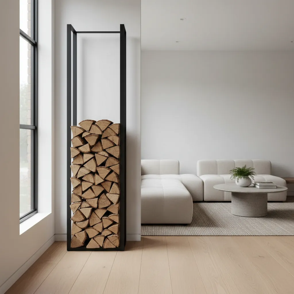 Leñero vertical moderno con estructura de acero negro y troncos apilados