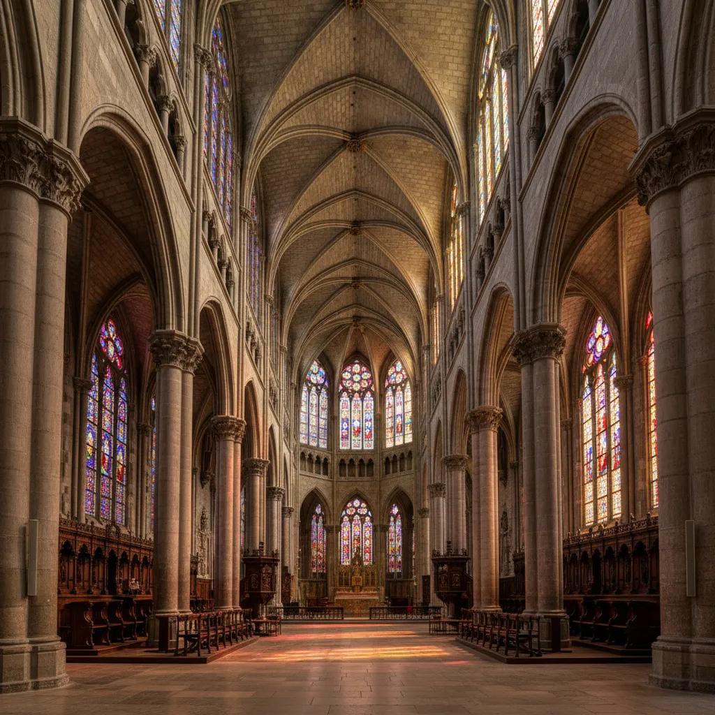 Nave central de la Catedral de León iluminada por vidrieras de colores