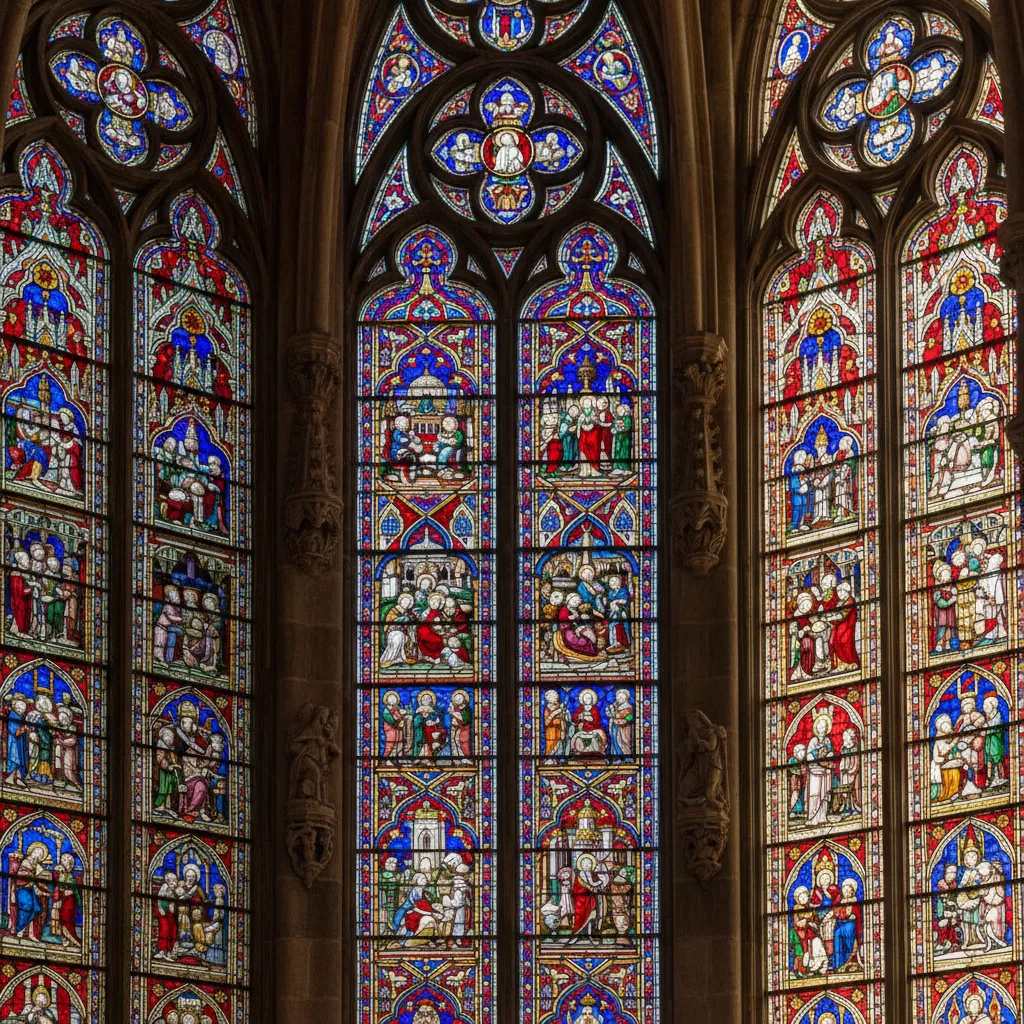 Detalle de vidrieras medievales en la Catedral de León