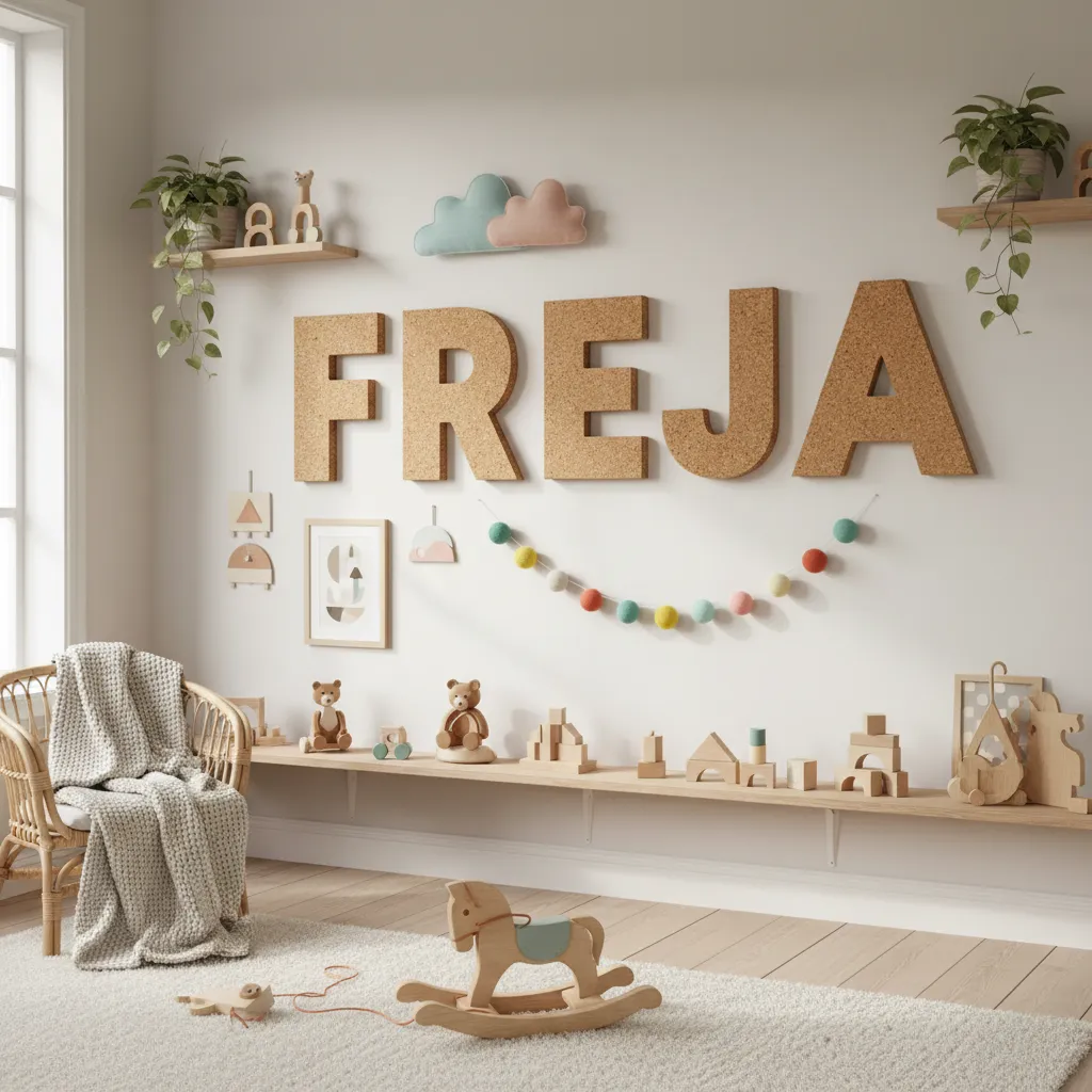 Nombre formado con letras de corcho decoradas en la pared de una habitación infantil
