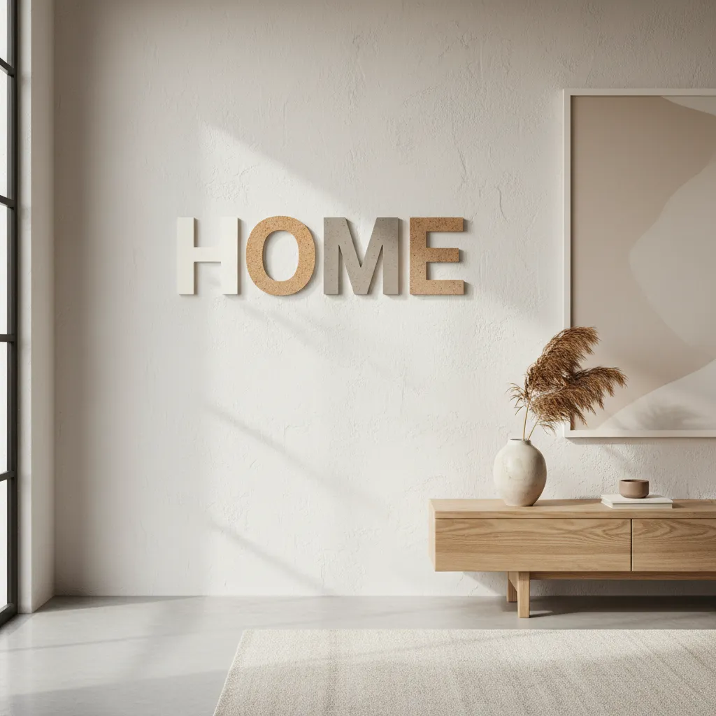 Letras de corcho pintadas en colores neutros sobre una pared moderna