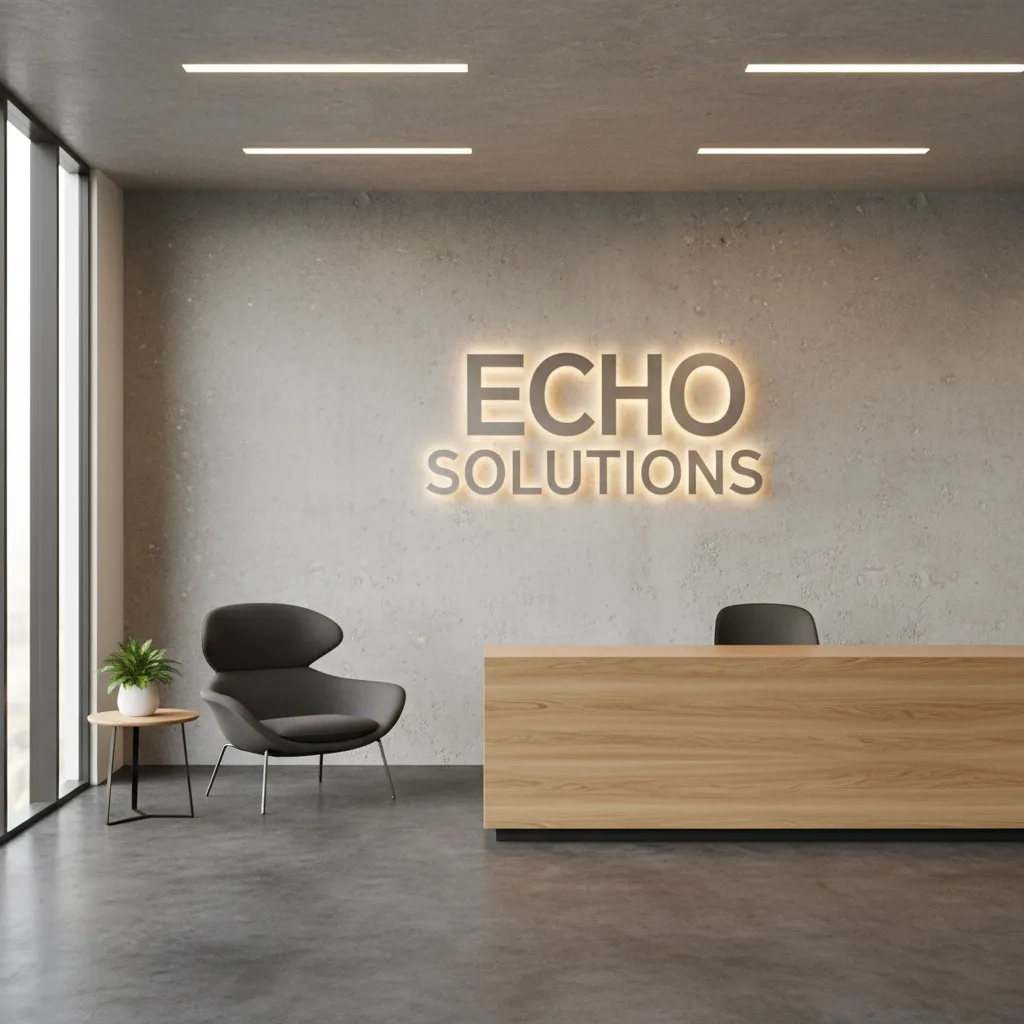 Logotipo tridimensional instalado en pared interior con iluminación