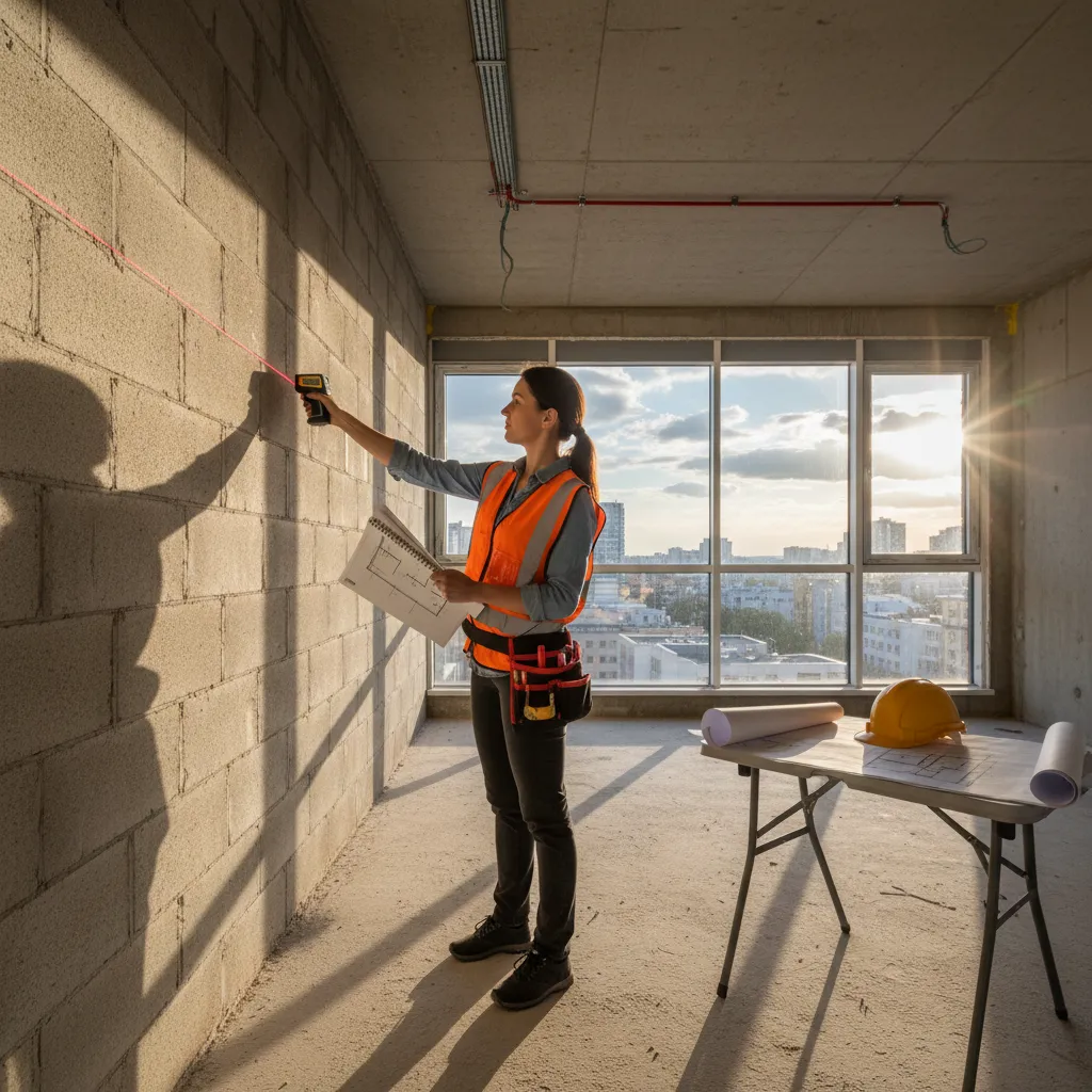 Woman in safety vest using laser tool to measure concrete wall in house under construction
