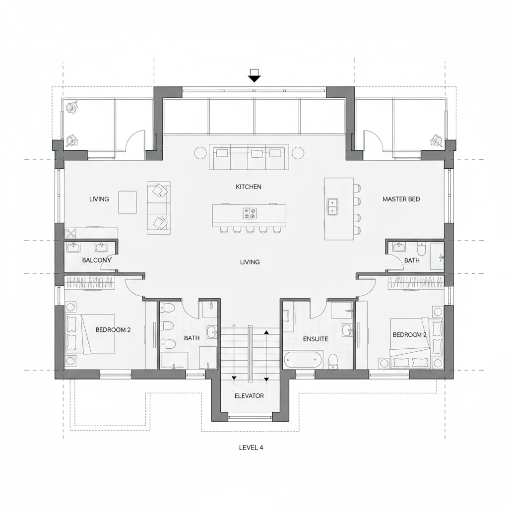 Detailed level four room layout showing kitchen living area master bedroom two bathrooms and elevator