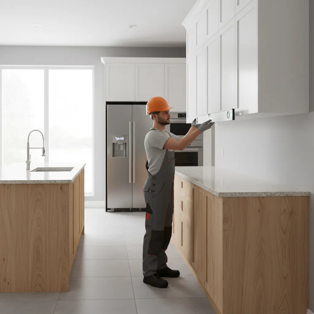 contractor checking level of installed kitchen wall cabinets with long level tool