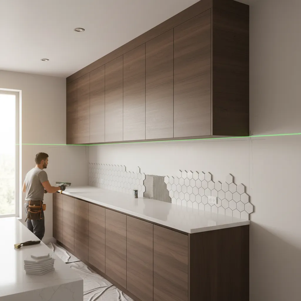 Using a level line to start kitchen wall tile installation